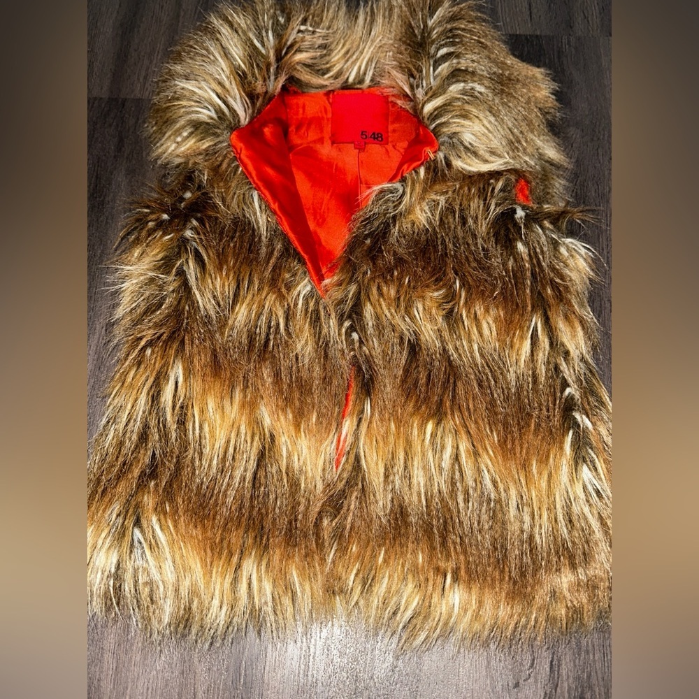 Luxury Brown Faux Fur Vest Orange Satin Lined Cozy Winter Glam Boho - Picture 8 of 9